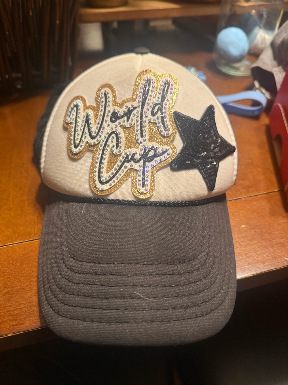 Embellished 'World Cup' Trucker Hat - Black & Cream